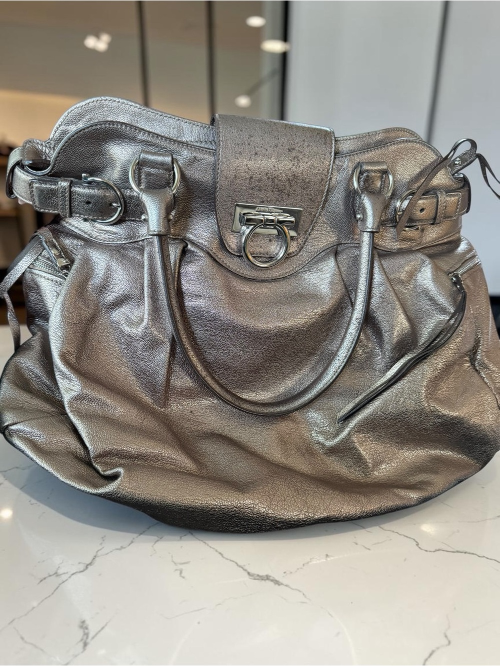Authentic Ferragamo Metallic Handbag Quiet Luxury Designer Purse with COA
